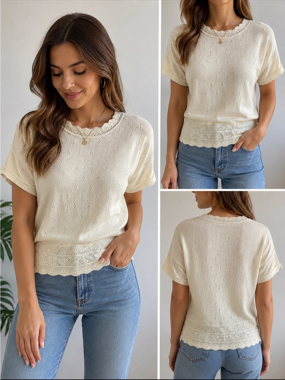 Vintage College Point Ivory Pointelle Knit Short Sleeve Sweater Made in USA